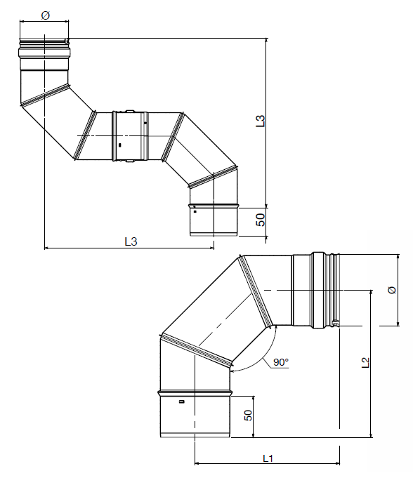 Teknisk tegning af Ø80 mm, 90° bøjning